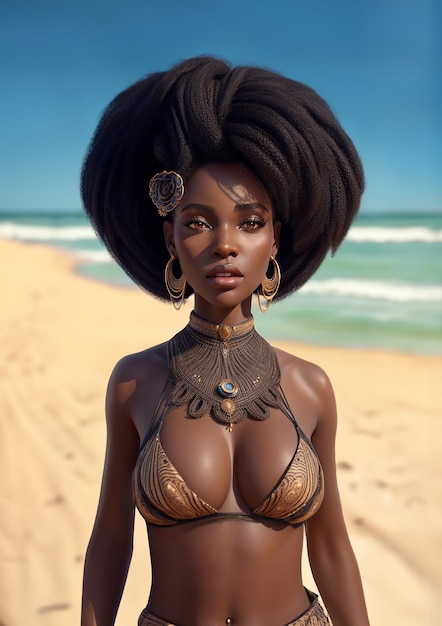 해변에서 갈색 눈을 가진 아름다운 흑인 여성의 초상화