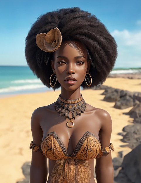 Portrait of a beautiful black woman with brown eyes on a beach