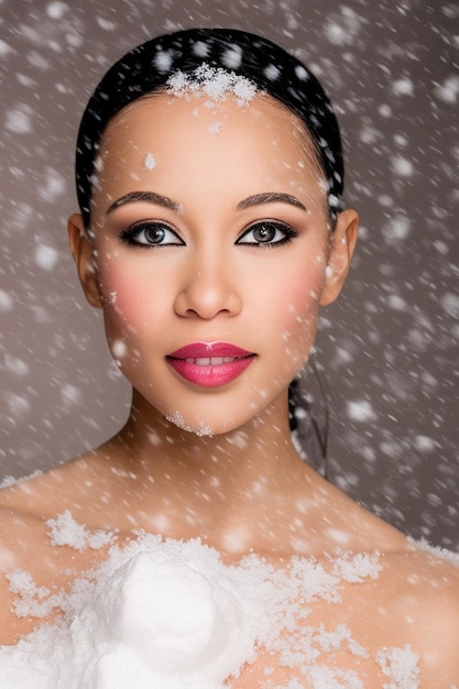 Portrait of a beautiful black woman with snow on her face Winter makeup like a snow queen