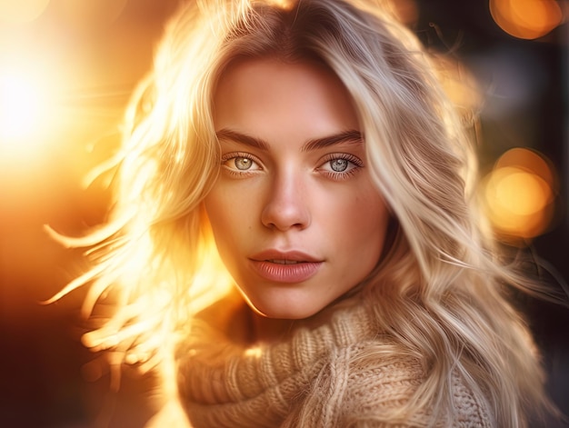 인공지능의 뒤에서 빛이 비치는 아름다운 금발 곱슬머리 여자의 초상화