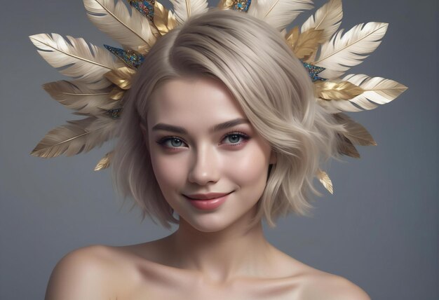 Photo portrait of beautiful blond girl with golden feathers in her hair on grey background