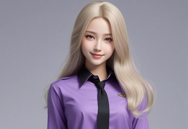 Portrait of a beautiful blond girl with long hair in a purple shirt