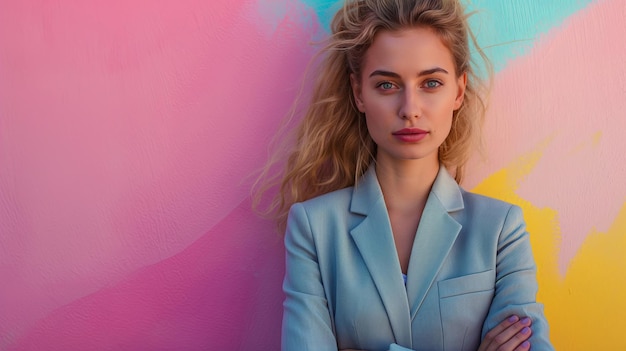 Photo portrait of a beautiful blonde girl in a blue jacket on a pink background