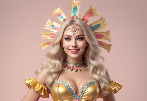 Portrait of a beautiful blonde girl in a carnival costume with a wreath on her head
