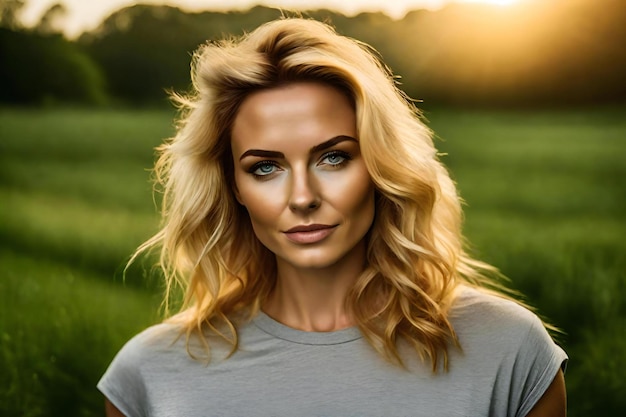 Portrait of a beautiful blonde girl in a field at sunset