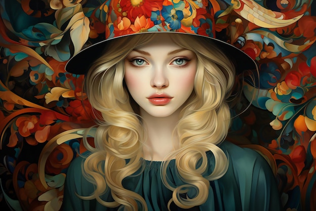 Portrait of a beautiful blonde girl in a hat with bright makeup