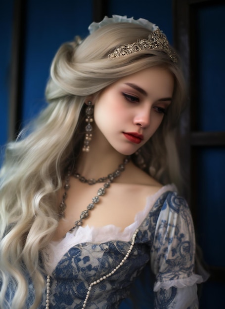 Foto ritratto di una bella ragazza bionda con un vestito medievale e una corona