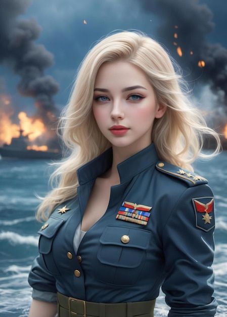 Portrait of a beautiful blonde girl in a military uniform