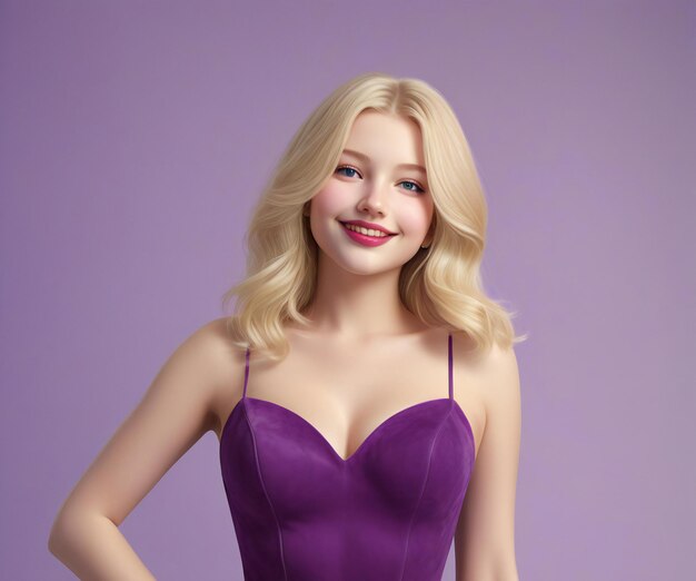 Photo portrait of a beautiful blonde girl in a purple dress on a purple background