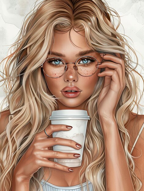 Portrait of a beautiful blonde girl with a cup of coffee