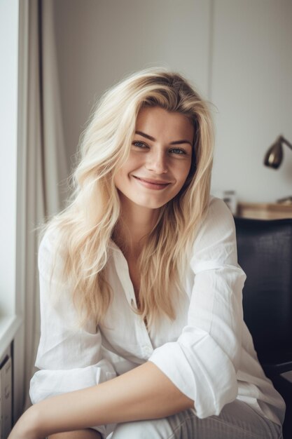 Портрет красивой блондинки, счастливой и сидящей дома, созданный с помощью генеративного ИИ