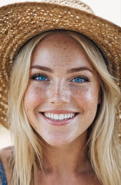 Portrait of a beautiful blonde smiling womanFreckles blue eyes straw hat summerCloseupAuthentic appearanceFashion glamour art