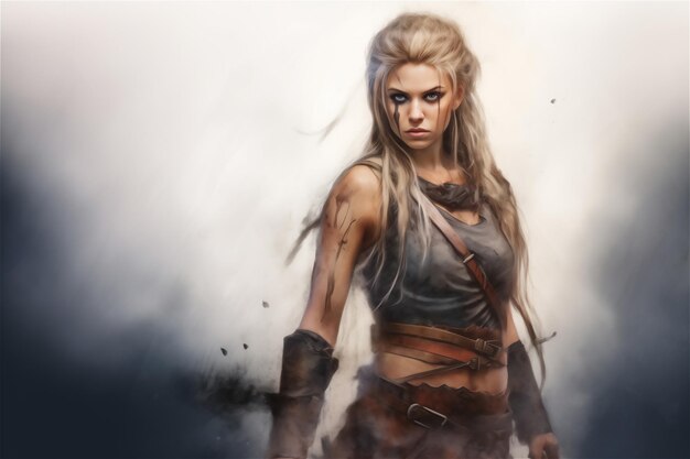 Photo portrait of beautiful blonde warrior girl in style of combat fantasy pencil and watercolor drawing