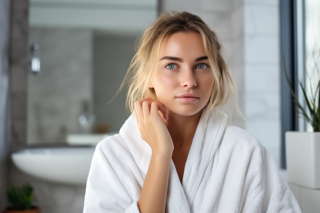 Portrait of beautiful blonde woman in bathroom