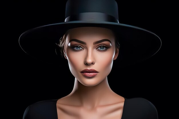 Portrait of a beautiful blonde woman in black hat Beauty fashion