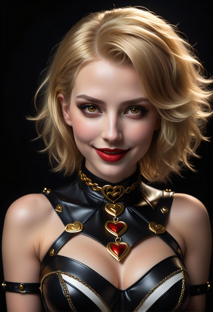 Portrait of a beautiful blonde woman in black leather costume on black background