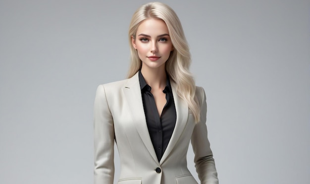 Portrait of a beautiful blonde woman in a business suit on a gray background