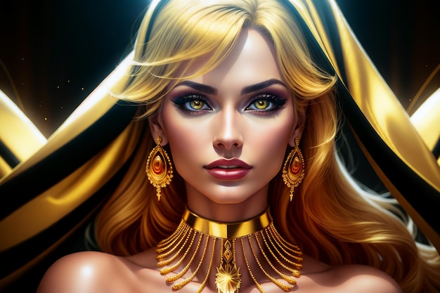 Portrait of a beautiful blonde woman in gold with a gold jewelry on a black background