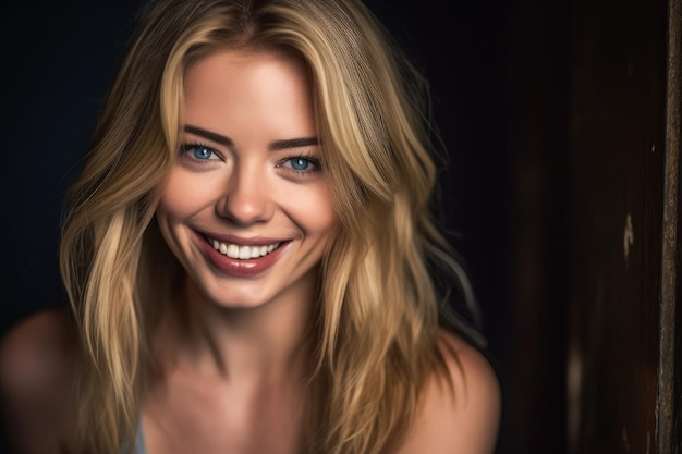 Portrait of a beautiful blonde woman smiling at you created with generative ai