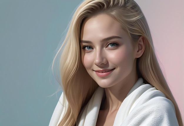 Photo portrait of a beautiful blonde woman in a white bathrobe