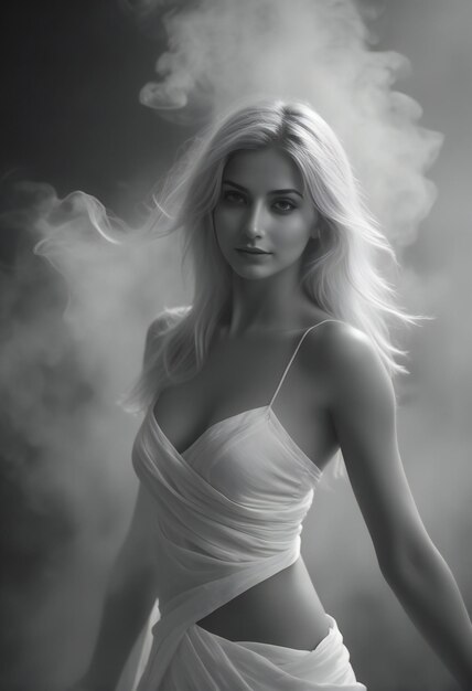 Portrait of a beautiful blonde woman in a white dress on a gray background