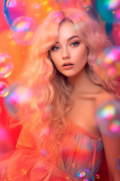 Portrait of a beautiful blonde woman with colorful bubbles in the background