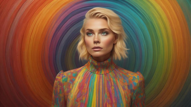 Portrait of beautiful blonde woman with colorful hair and rainbow in the background Generative AI