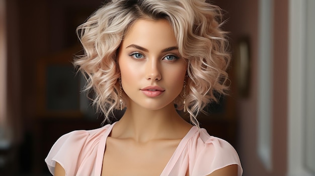 portrait of a beautiful blonde woman with a curly hair in a white lace dress