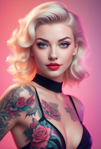 Portrait of a beautiful blonde woman with professional makeup and tattoo on her arm