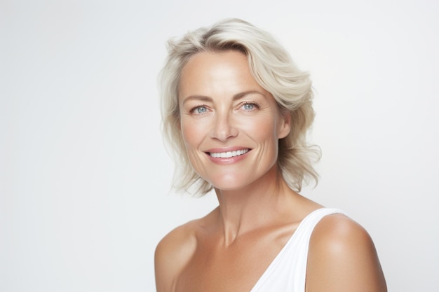 A portrait of a beautiful blonde woman with a white dress on.