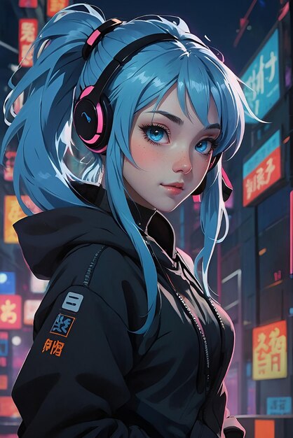 Portrait of a beautiful blue hair girl with headphones in a futuristic style