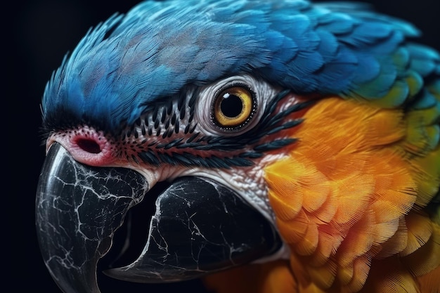 Portrait of a beautiful Blue and Yellow Macaw in closeup Macro photography on dark background Generative AI