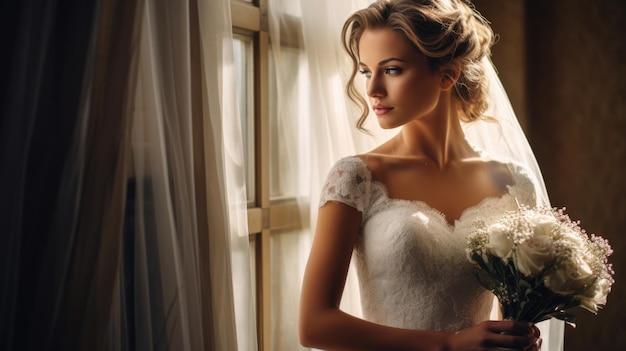 Portrait of the beautiful bride against a window indoors