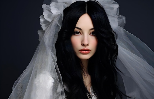 Portrait of a beautiful bride in a white veil on a dark background