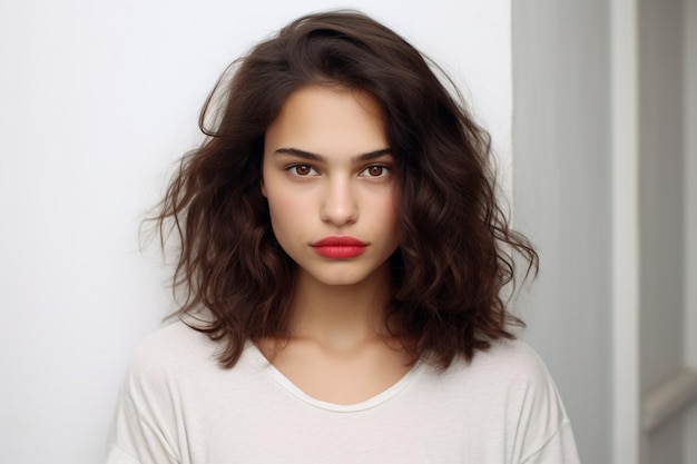 Portrait of beautiful browneyed young dark haired woman with red lips looking calmly