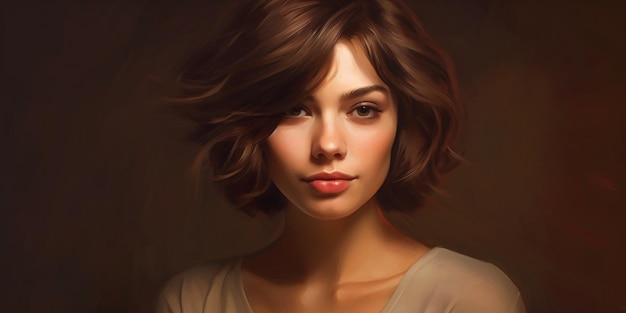 Portrait of a beautiful brownhaired woman with a short haircut on a brown background Generative ai