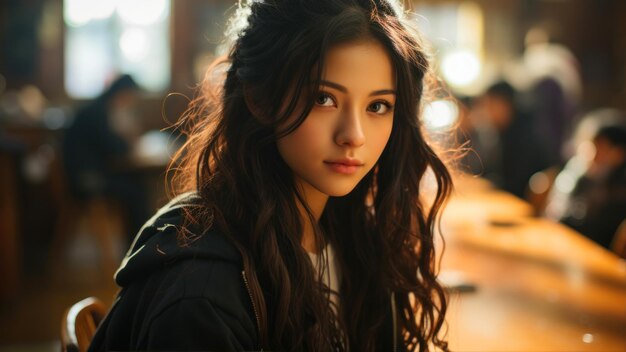 Portrait of a beautiful brunette girl with long hair in a cafe