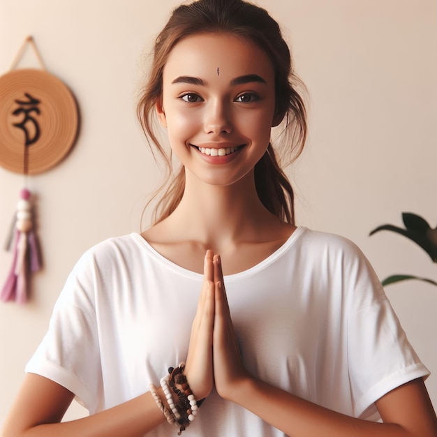 Photo portrait of a beautiful brunette holding her hands in a prayer gesture girl meditating