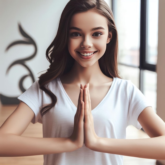 Foto ritratto di una bella bruna che tiene le mani in un gesto di preghiera ragazza che medita