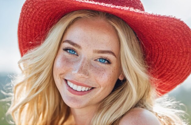 Portrait of a beautiful brunette smiling womanFreckles blue eyes straw red hat summerCloseupAuthentic appearanceFashion glamour art