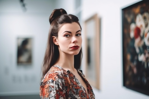 Портрет красивой брюнетки, стоящей в художественной галерее