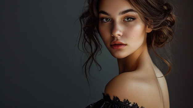 Portrait of beautiful brunette woman in black dress Fashion photo