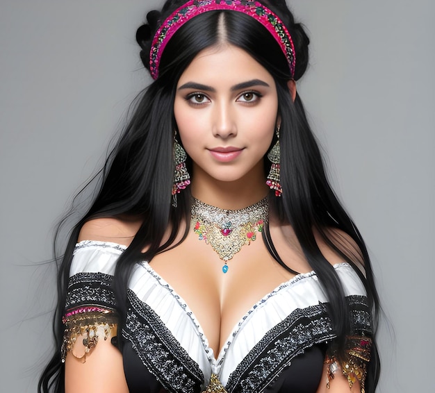 Photo portrait of a beautiful brunette woman in ethnic costume on grey background