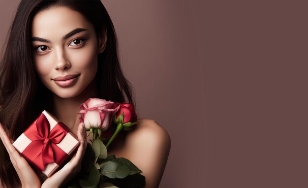 Portrait of a beautiful brunette woman holding present gift box and roses on a solid background Co