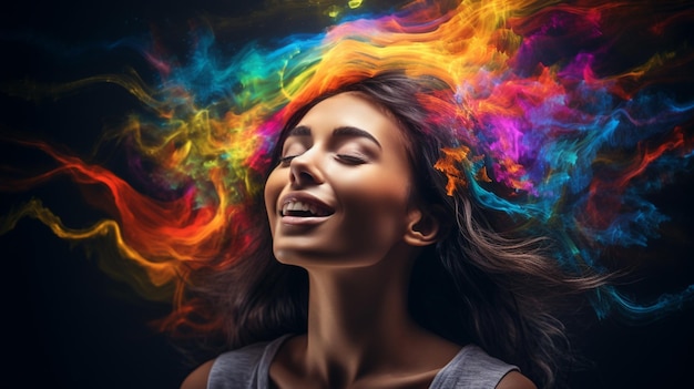 Portrait of a beautiful brunette woman with colorful smoke in her hair