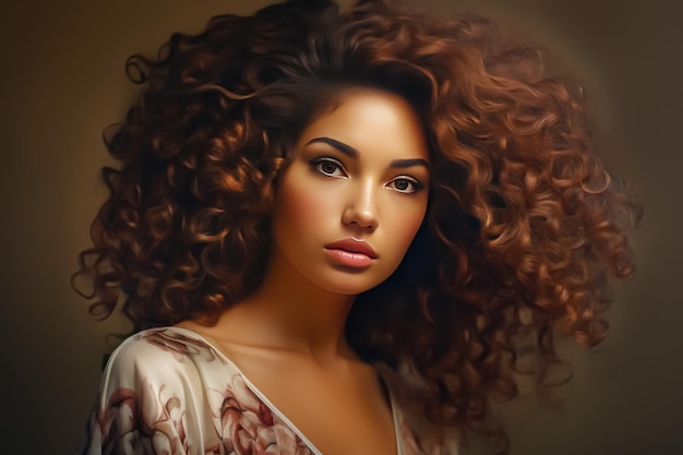 Portrait of a beautiful brunette woman with curly hairstyle