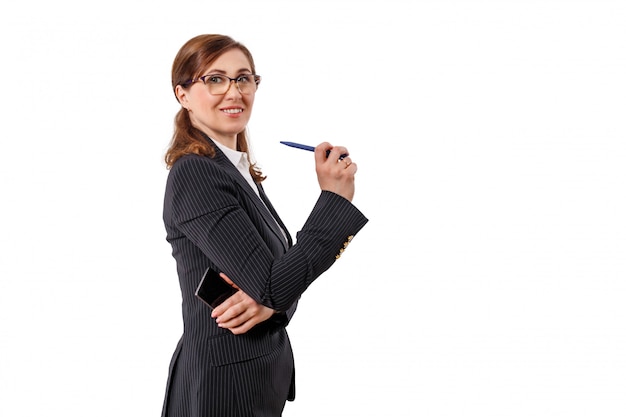 Portrait of a beautiful businesswoman 50 ears old with mobile phone isolated on white.