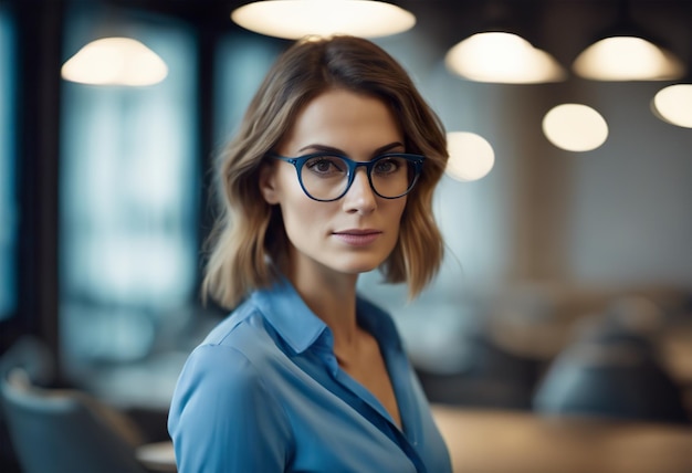 Photo portrait of beautiful businesswoman in eyeglasses looking at camera