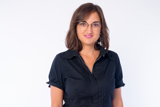 Portrait of beautiful businesswoman with short hair wearing eyeglasses isolated on white