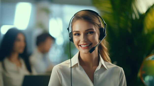 Portrait of beautiful call center female worker smiling at camera